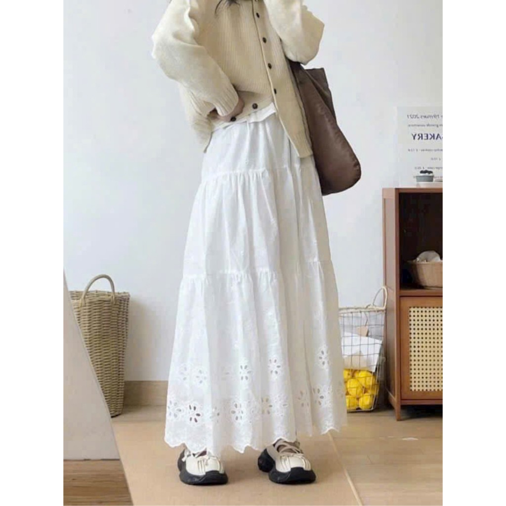 Chân Váy Midi Thêu Hoa 2Lớp Lưng Chun Dáng Xoè ,Chất Thô By.Thanhhuyen Clothing New2025