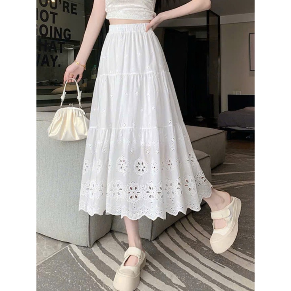 Chân Váy Midi Thêu Hoa 2Lớp Lưng Chun Dáng Xoè ,Chất Thô By.Thanhhuyen Clothing New2025