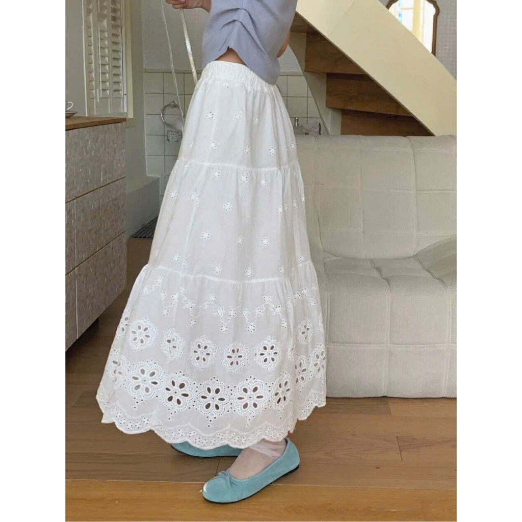 Chân Váy Midi Thêu Hoa 2Lớp Lưng Chun Dáng Xoè ,Chất Thô By.Thanhhuyen Clothing New2025