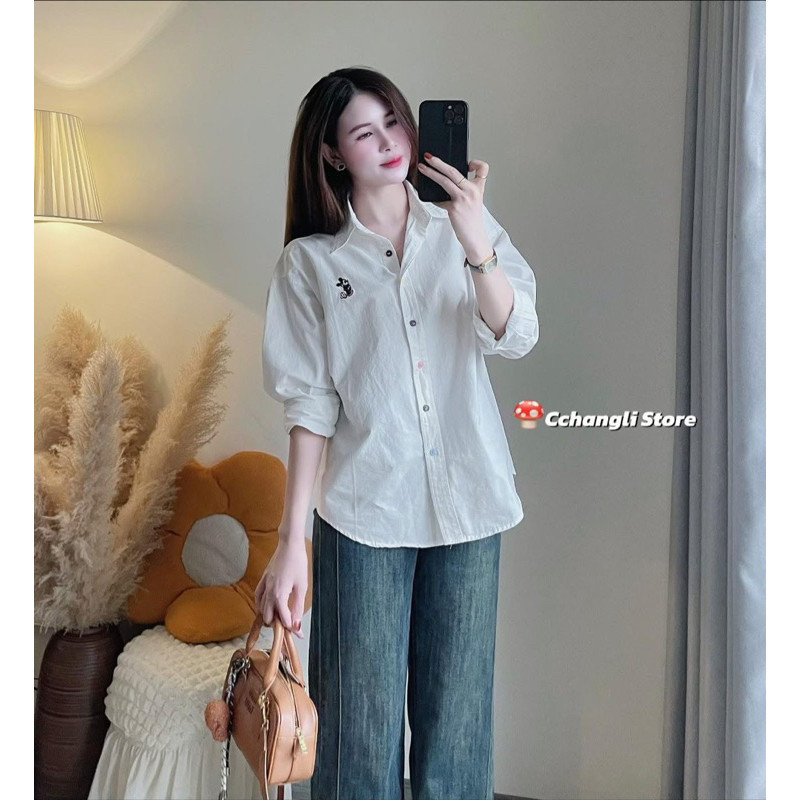 áo sơ mi dài tay nữ thô mềm Thanhhuyen clothinhs2 thêu MICKEY cúc sắc màu hàng QC-dành cho Nữ