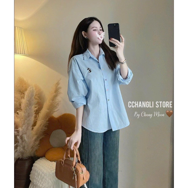 áo sơ mi dài tay nữ thô mềm Thanhhuyen clothinhs2 thêu MICKEY cúc sắc màu hàng QC-dành cho Nữ