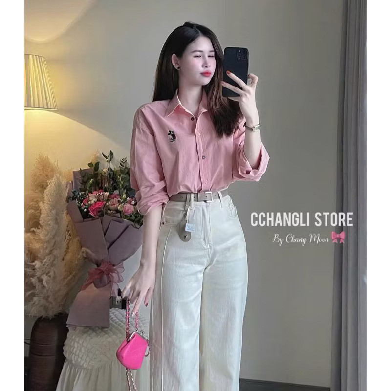 áo sơ mi dài tay nữ thô mềm Thanhhuyen clothinhs2 thêu MICKEY cúc sắc màu hàng QC-dành cho Nữ