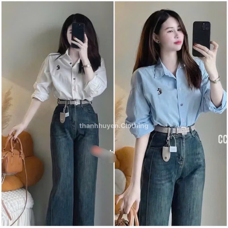 áo sơ mi dài tay nữ thô mềm Thanhhuyen clothinhs2 thêu MICKEY cúc sắc màu hàng QC-dành cho Nữ
