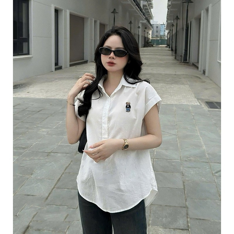 Áo Sơ Mi Tay Hến Gemy.official Thêu Gấu Dáng Dài Đuôi Tôm Phong Cách Trẻ Trung