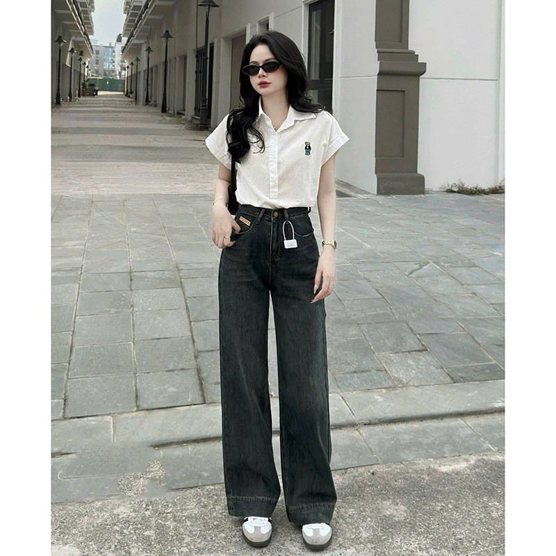 Áo Sơ Mi Tay Hến Gemy.official Thêu Gấu Dáng Dài Đuôi Tôm Phong Cách Trẻ Trung