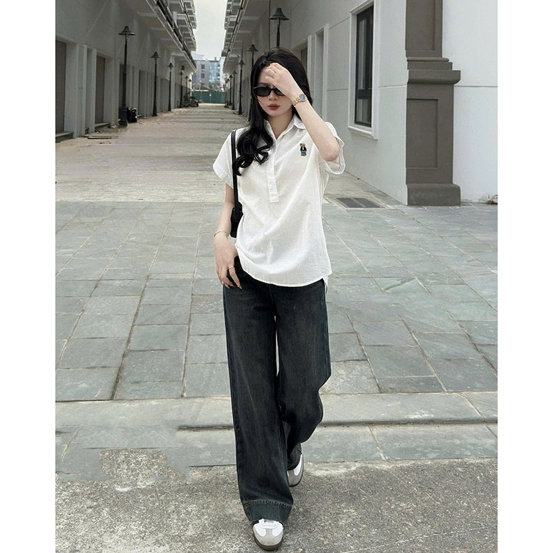 Áo Sơ Mi Tay Hến Gemy.official Thêu Gấu Dáng Dài Đuôi Tôm Phong Cách Trẻ Trung