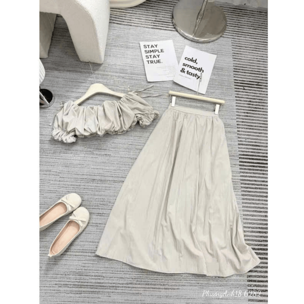 Set áo bí trễ vai tay phồng kèm chân váy midi  dài xòe hàng QC
