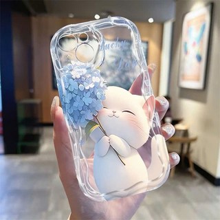 Ốp Lưng iPhone Mèo Hoa Xanh Viền Sóng Nổi, Chống Sốc, Bảo Vệ Camera - iP 7/8/X/XS/11/12/13/14/15/16/17/Plus/Pro/Max/Air