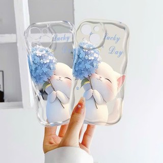 Ốp Lưng iPhone Mèo Hoa Xanh Viền Sóng Nổi, Chống Sốc, Bảo Vệ Camera - iP 7/8/X/XS/11/12/13/14/15/16/17/Plus/Pro/Max/Air