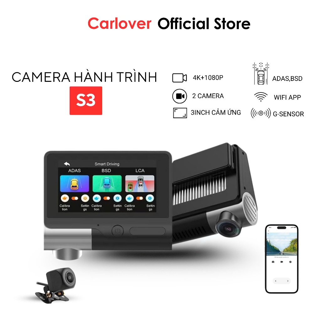 Camera hành trình ô tô S3 CARLOVER màn hình cảm ứng 3 inch, ghi hình 4K, hỗ trợ công nghệ ADAS, BSD - bảo hành 24 tháng
