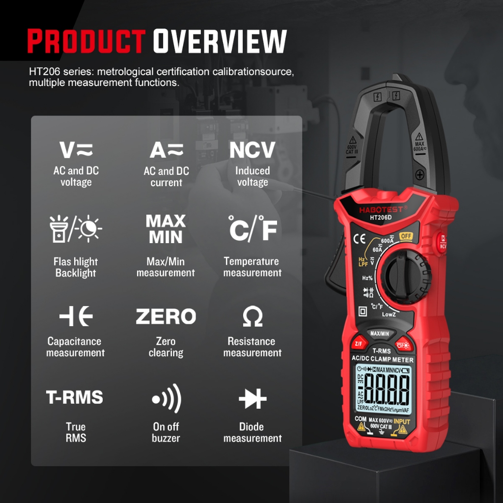 (Bảo hàng 1 năm)HABOTEST HT206 Máy đo vạn năng kỹ thuật số Máy dò điện áp AC/DC 600A Amp