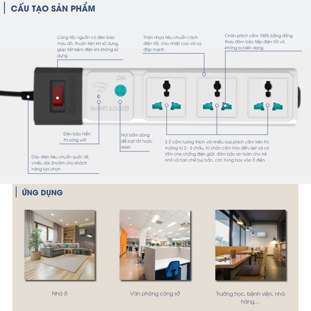Ổ Cắm Wifi Rạng Đông OC02 – 3 Cổng Tiện Lợi,Kết Nối Wifi, Điều Khiển Qua Điện Thoại, Dây Dài 3m/5m