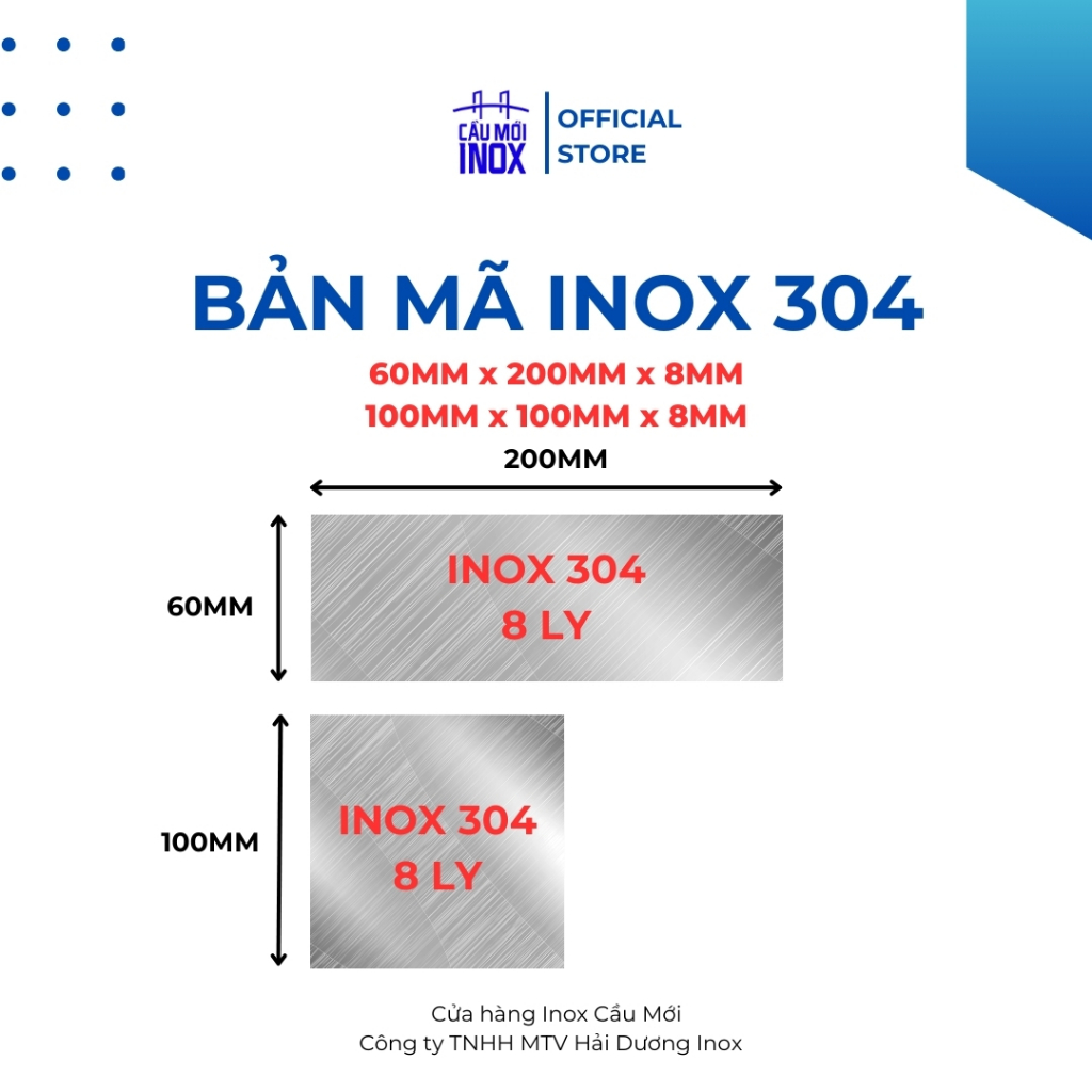 Bản mã inox 304, kích thước 60x220mm, 100x100mm, độ dày 8mm, cắt laser độ chính xác cao