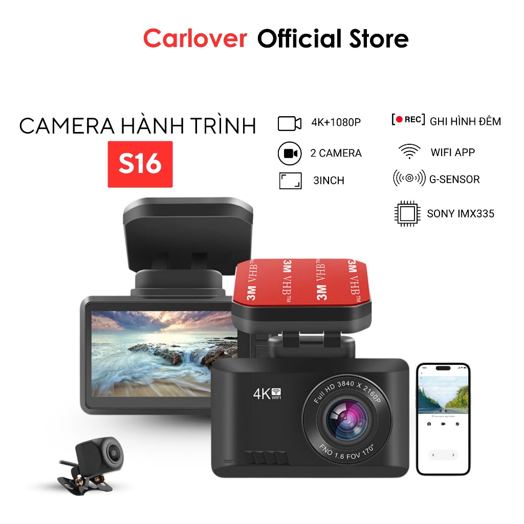 Camera hành trình ô tô S16 CARLOVER ghi hình sắc nét 4K, có kết nối điện thoại, chip SONY IMX335 - Bảo Hành 24 Tháng