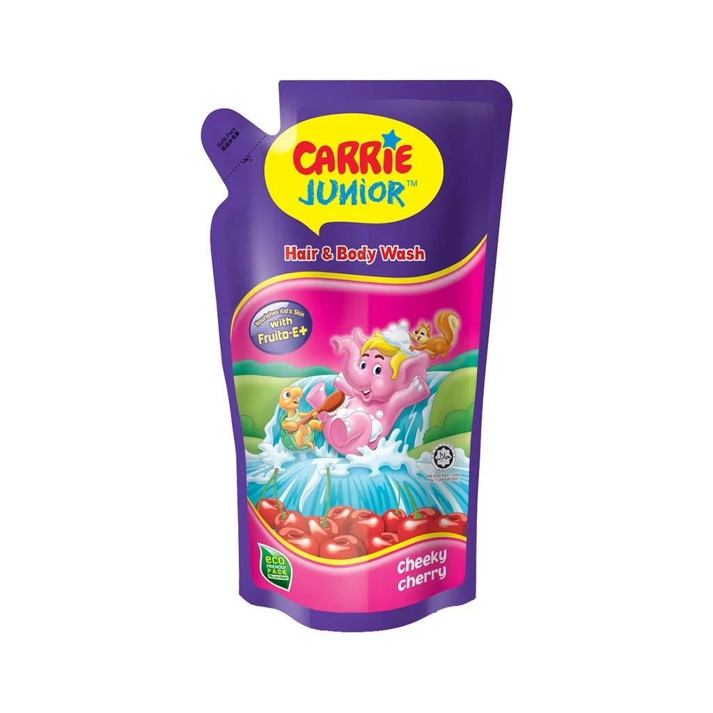 Combo 4 Túi Sữa Tắm Gội thiên nhiên Sạch Dịu Nhẹ & ẩm mịn Cho Bé Carrie Junior hương Cheeky Cherry (500g x 4)