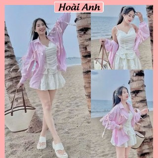 Set Bộ Đồ Nữ 3 Món Áo 2 Dây Trắng Viền Ren Có Mút NGực Rút Dây Hông Kèm Áo Sơ Mi Sọc Hồng Đính Nơ Mix Chân Váy Freesize