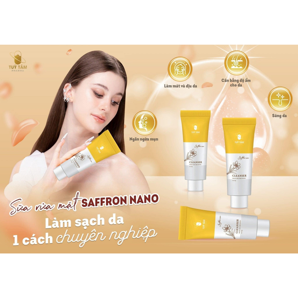Sữa rửa mặt Saffron nano - Tùy Tâm pharma chuyên dụng giúp làm sạch sâu, ngăn ngừa mụn, dưỡng da mịn màng 100gr.