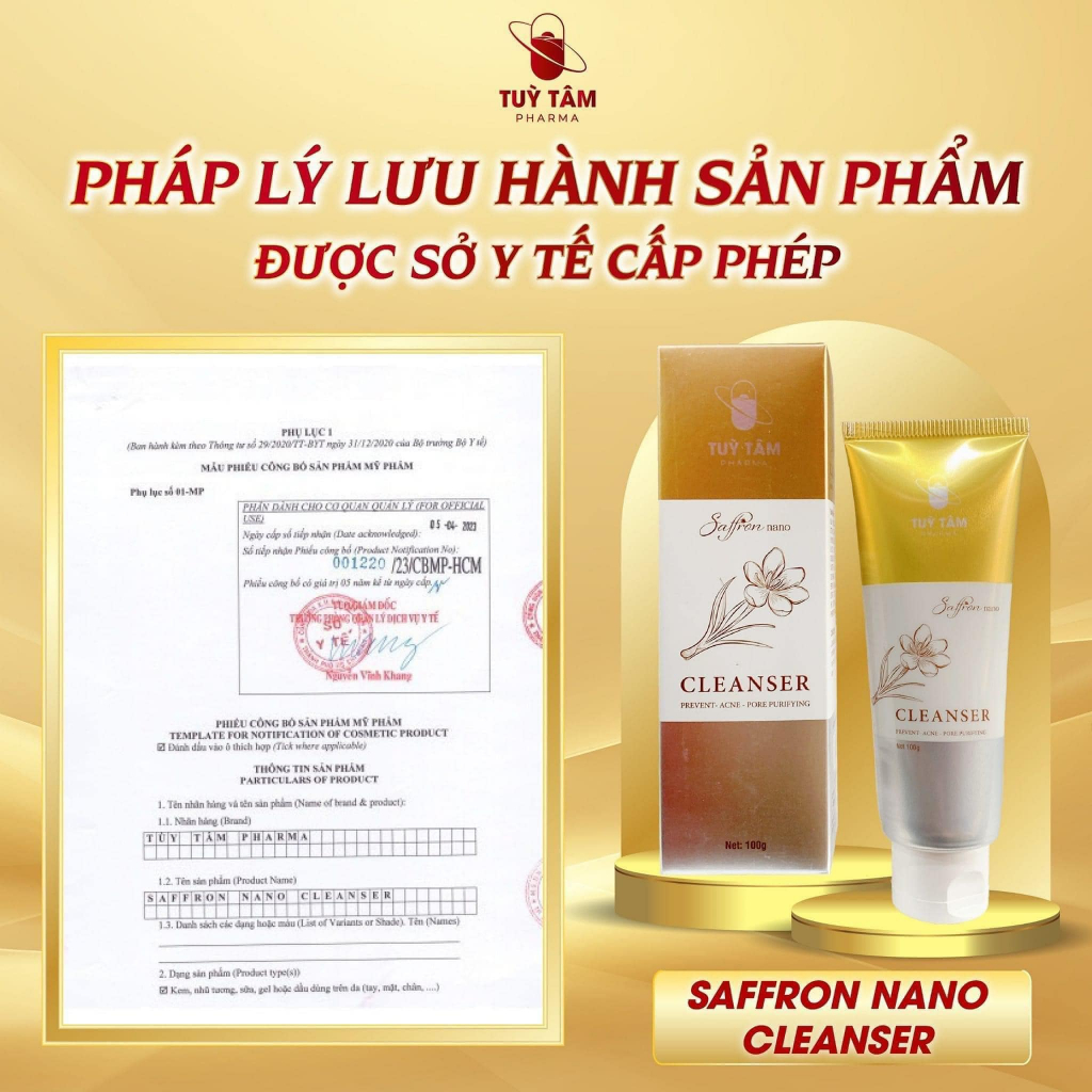 Sữa rửa mặt Saffron nano - Tùy Tâm pharma chuyên dụng giúp làm sạch sâu, ngăn ngừa mụn, dưỡng da mịn màng 100gr.
