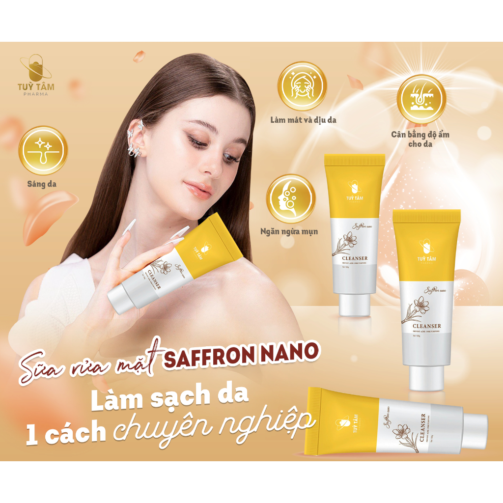 Sữa rửa mặt Saffron nano - Tùy Tâm pharma chuyên dụng giúp làm sạch sâu, ngăn ngừa mụn, dưỡng da mịn màng 100gr.