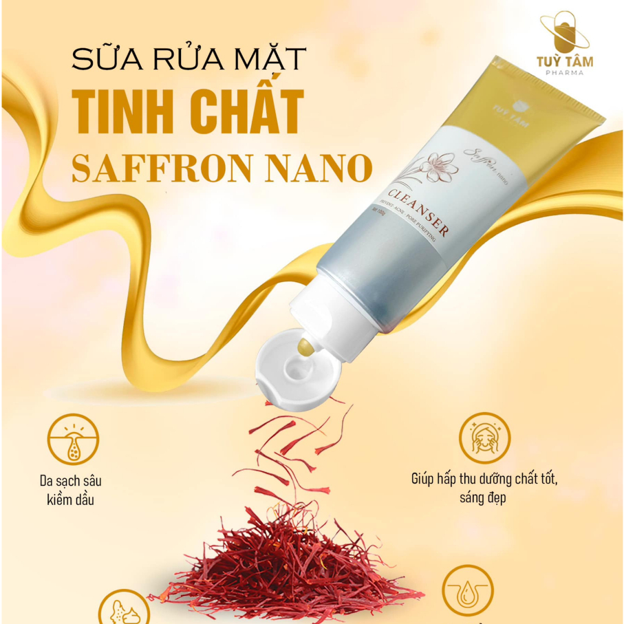 Sữa rửa mặt Saffron nano - Tùy Tâm pharma chuyên dụng giúp làm sạch sâu, ngăn ngừa mụn, dưỡng da mịn màng 100gr.