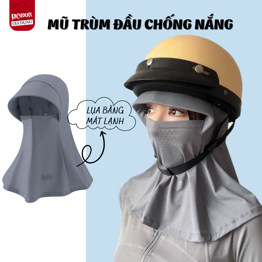 Mũ Trùm Đầu Chống Nắng Toàn Mặt Chất Liệu Lụa Băng Lạnh Che Cổ Có Lỗ Thoáng Khí Xuân Hè