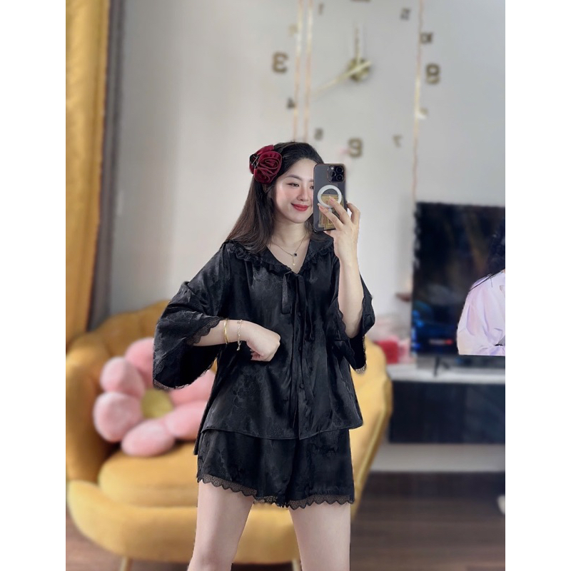 40-65kg Bộ pijama Đùi tay loe hoạ tiết dễ thương Lụa latin mềm mát