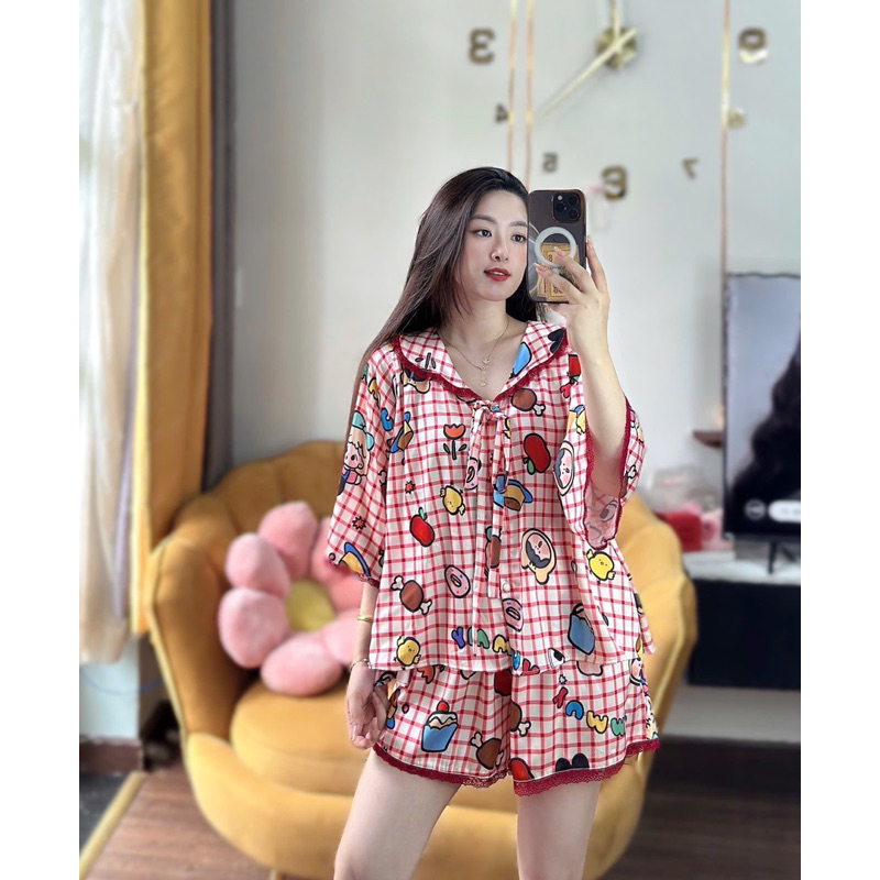 40-65kg Bộ pijama Đùi tay loe hoạ tiết dễ thương Lụa latin mềm mát