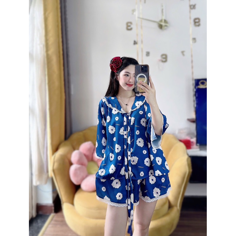 40-65kg Bộ pijama Đùi tay loe hoạ tiết dễ thương Lụa latin mềm mát