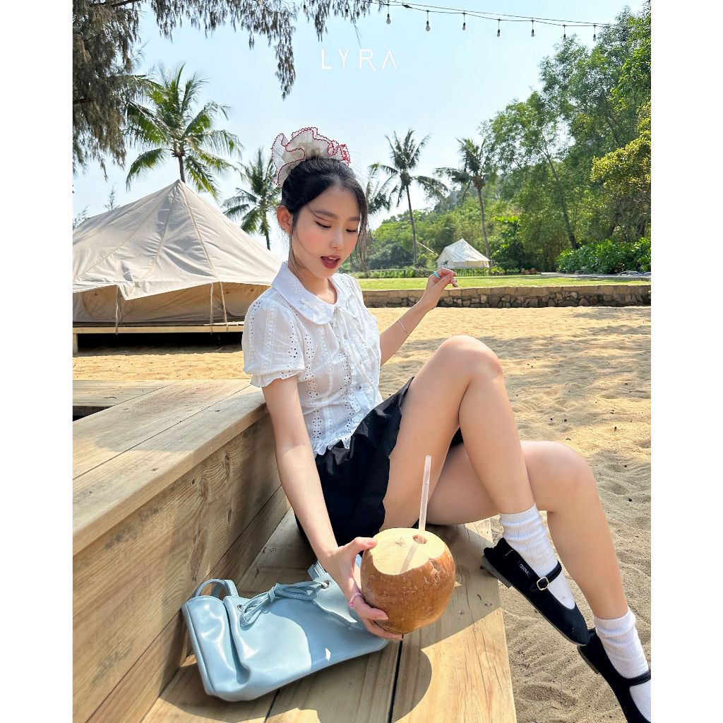 Ảnh LYRA - Áo sơ mi ngắn tay thiết kế, Áo kiểu nữ cổ nơ viền ren chất thô boi trẻ trung kiểu Hàn - LWNAO021 4