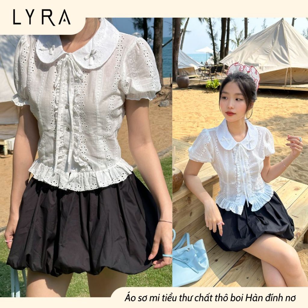 Ảnh LYRA - Áo sơ mi ngắn tay thiết kế, Áo kiểu nữ cổ nơ viền ren chất thô boi trẻ trung kiểu Hàn - LWNAO021 3