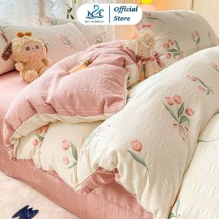 Bộ chăn ga gối Cloudy M2T bedding Kẻ Hàn Quốc, vỏ chăn mền, drap gường và 2 vỏ gối