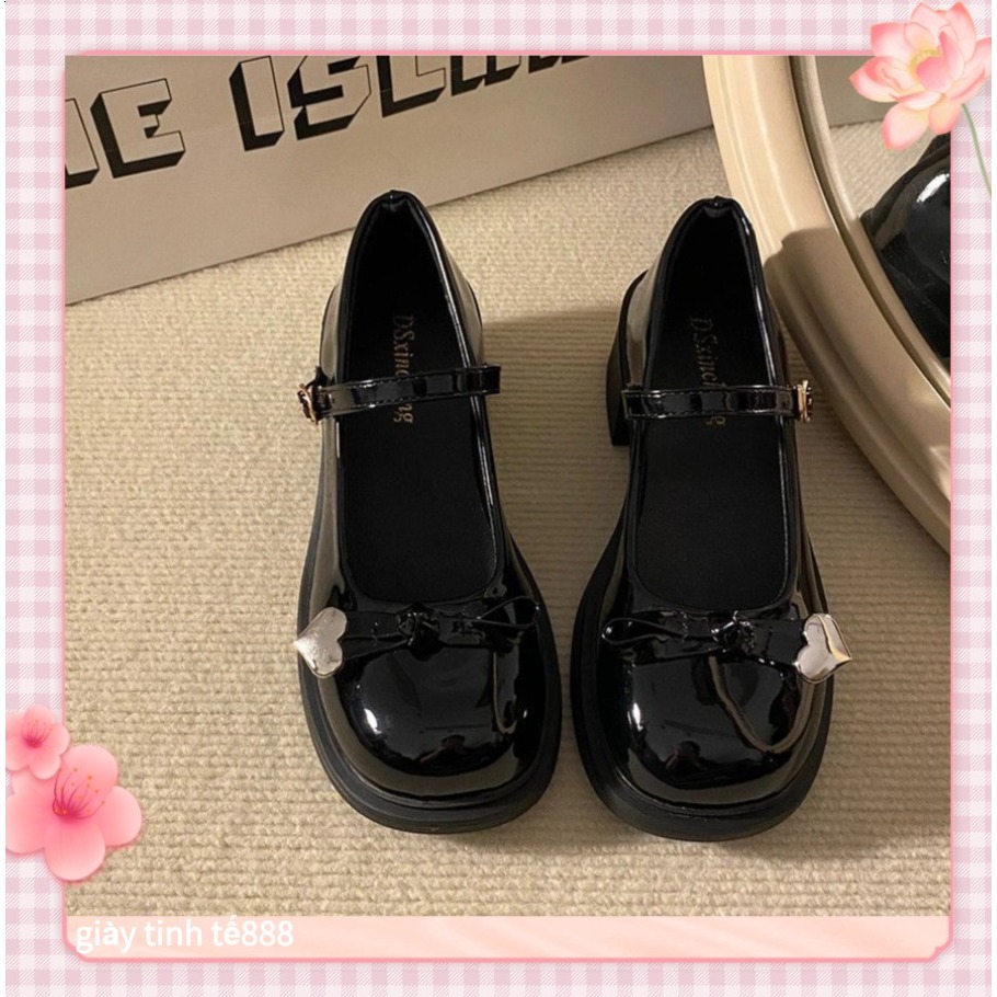 🔥Còn hàng🔥Giày búp bê nữ 5 phân,Giày đốc nơ trái tim da bóng gót 5cm,trắng đen và nâu(cỡ 35-40)