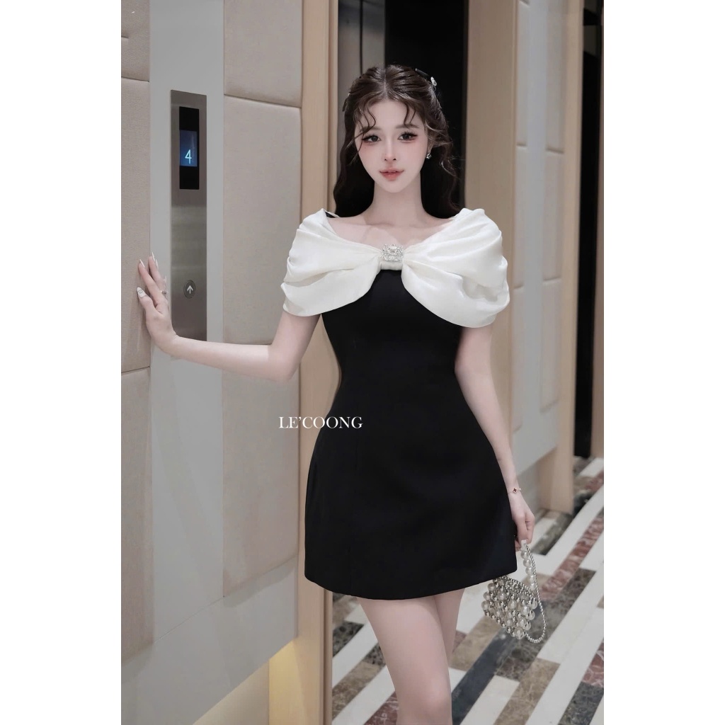 Ảnh Váy Tiểu Thư Dáng Ngắn Trễ Vai Đính Đá  LECOONG V756 Đầm Thiết Kế Đẹp Phối Đen Be Sang Chảnh 2