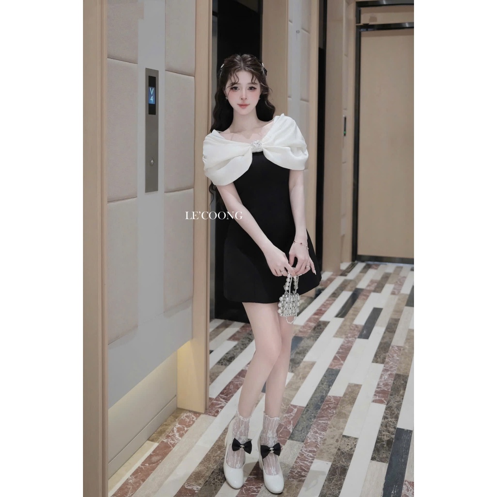 Ảnh Váy Tiểu Thư Dáng Ngắn Trễ Vai Đính Đá  LECOONG V756 Đầm Thiết Kế Đẹp Phối Đen Be Sang Chảnh 3