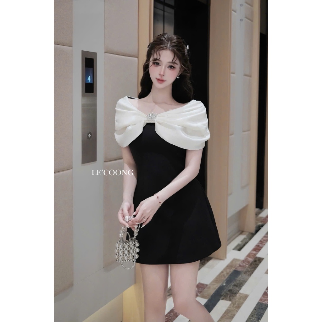 Ảnh Váy Tiểu Thư Dáng Ngắn Trễ Vai Đính Đá  LECOONG V756 Đầm Thiết Kế Đẹp Phối Đen Be Sang Chảnh 1