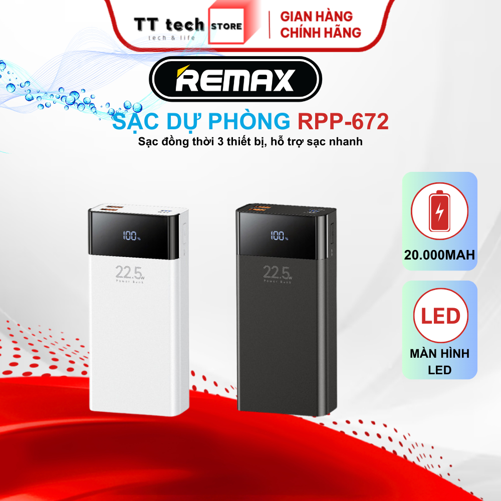 Sạc dự phòng Remax 20.000mAh RPP-672, hỗ trợ sạc nhanh, màn hình LED ...