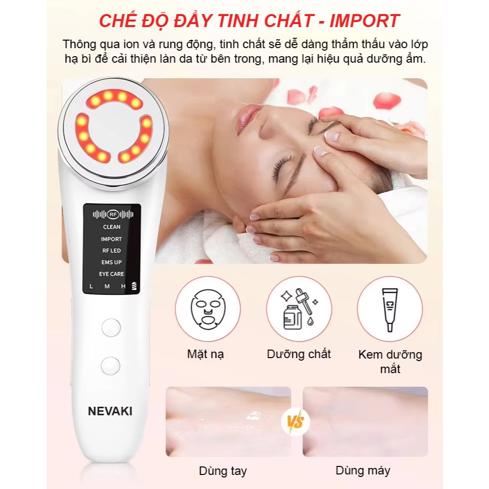 Máy đẩy tinh chất nâng cơ 5 trong 1 NEVAKI tẩy trang đẩy tinh chất làm trắng da EMS và massage mắt