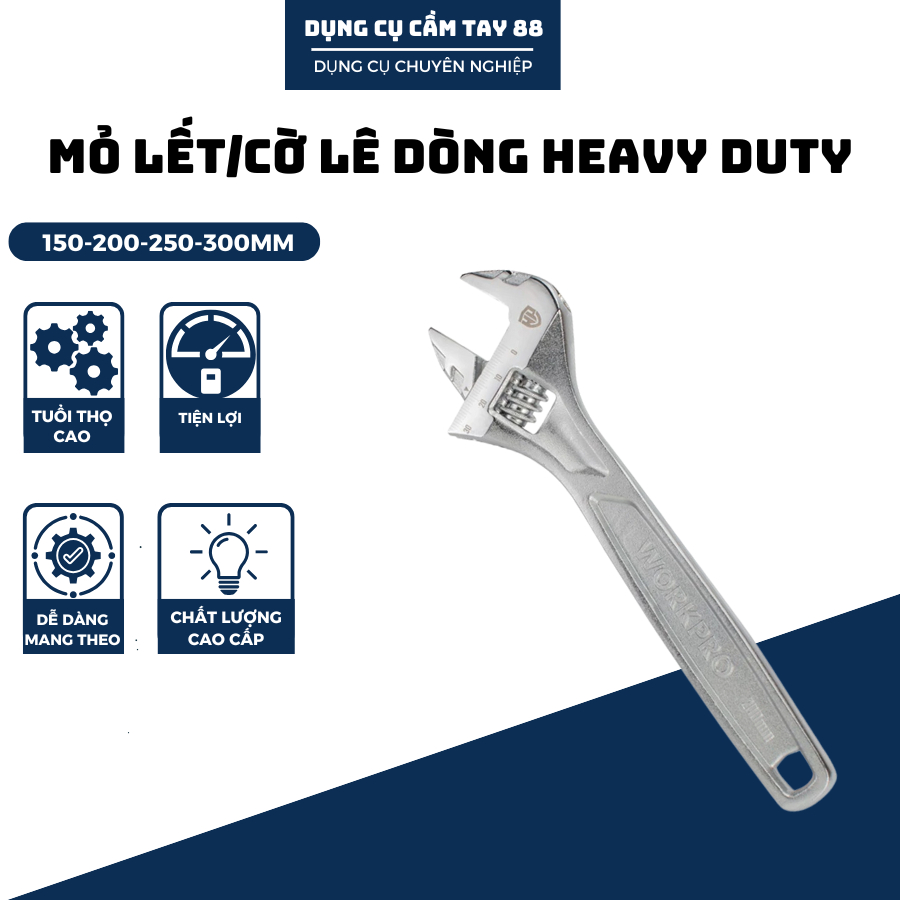 Mỏ lết/cờ lê dòng HEAVY DUTY có điều chỉnh thép CrV WORKPRO kích thước 150-200-250-300mm độ mở ngàm tối đa 24-30-35-40mm