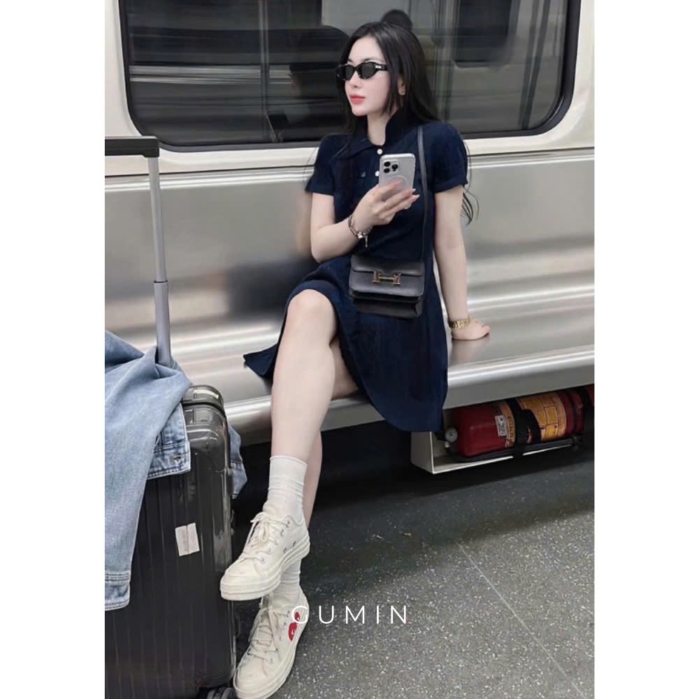 Đầm polo xanh than GUMIN thiết kế thêu logo ngực chân váy xòe nhẹ, Váy nữ cộc tay dáng xoè ngắn dày dặn cao cấp