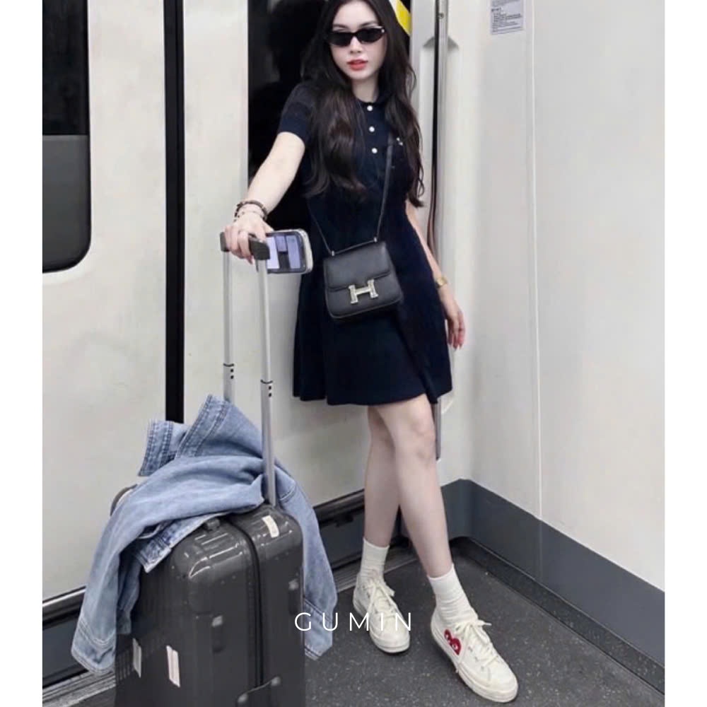 Đầm polo xanh than GUMIN thiết kế thêu logo ngực chân váy xòe nhẹ, Váy nữ cộc tay dáng xoè ngắn dày dặn cao cấp