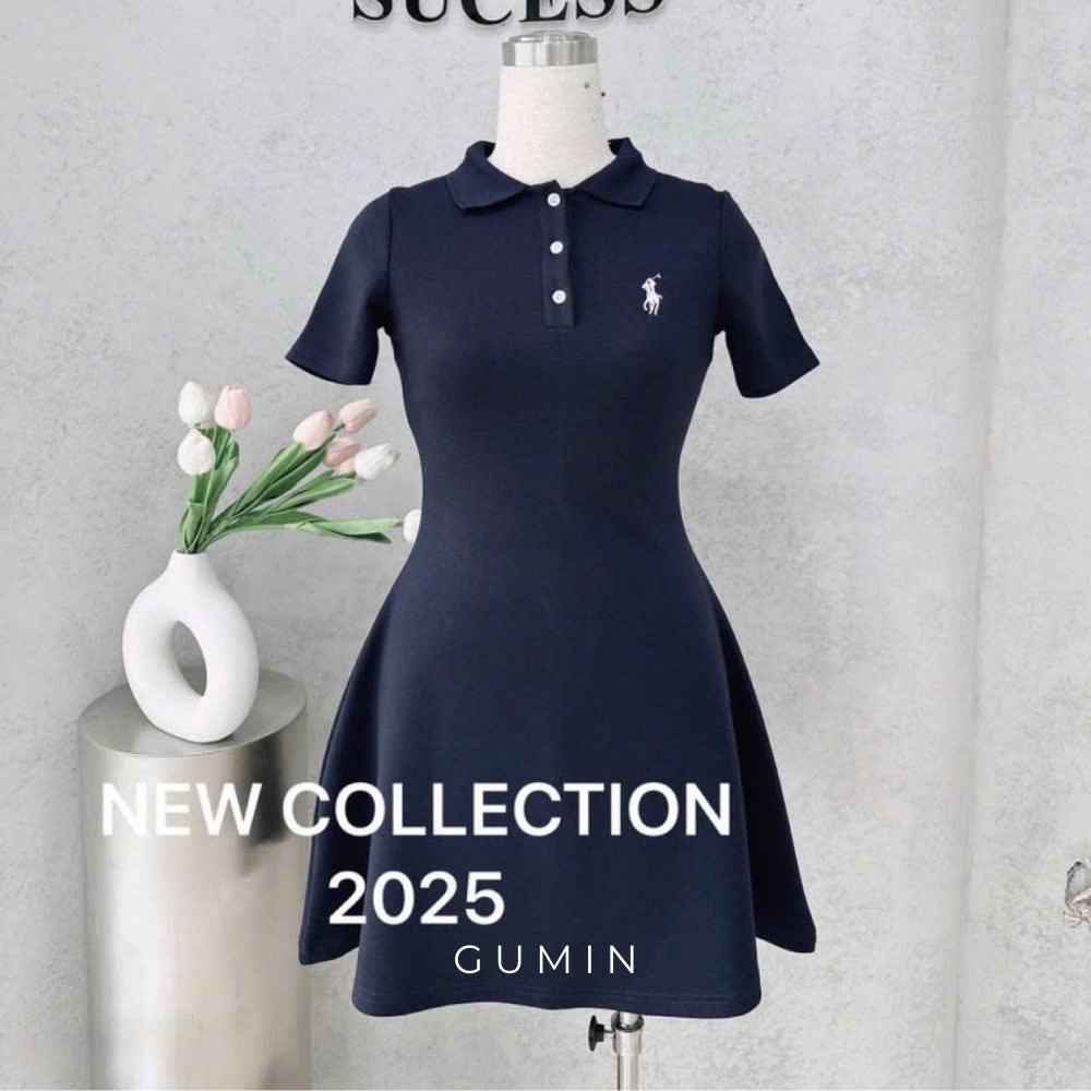 Đầm polo xanh than GUMIN thiết kế thêu logo ngực chân váy xòe nhẹ, Váy nữ cộc tay dáng xoè ngắn dày dặn cao cấp