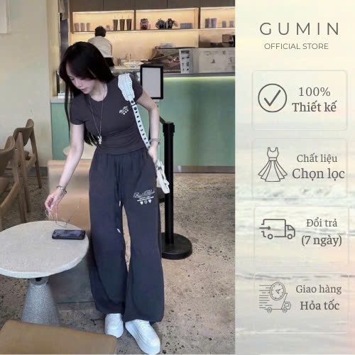 Set bộ nữ cộc tay GUMIN thiết kế gồm áo thun trơn ôm có hình thêu ngực kèm quần bom dài có dây rút eo cao cấp