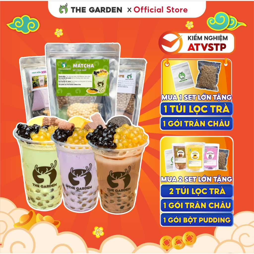 Set Trà Sữa Tự Pha Trân Châu Đường Đen 30-35 Ly THE GARDEN, Nguyên Liệu Làm Trà Sữa Chocolate, Matcha 25 vị