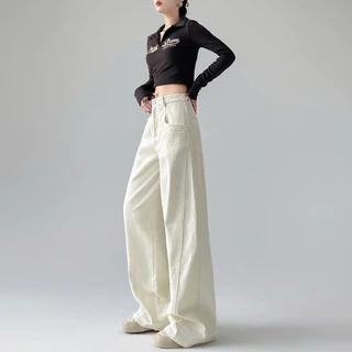 Quần Jeans Nữ Ống Suông, Quần Bò Nữ Ống Rộng Màu Kem Phối Viền Chéo KT17