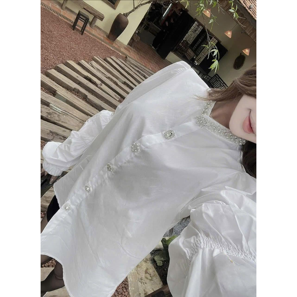 Áo sơ mi nữ, sơ mi kiểu dáng thụng cúc đá sang trọng tay bo chun tiểu thư cá tính HCOM25074
