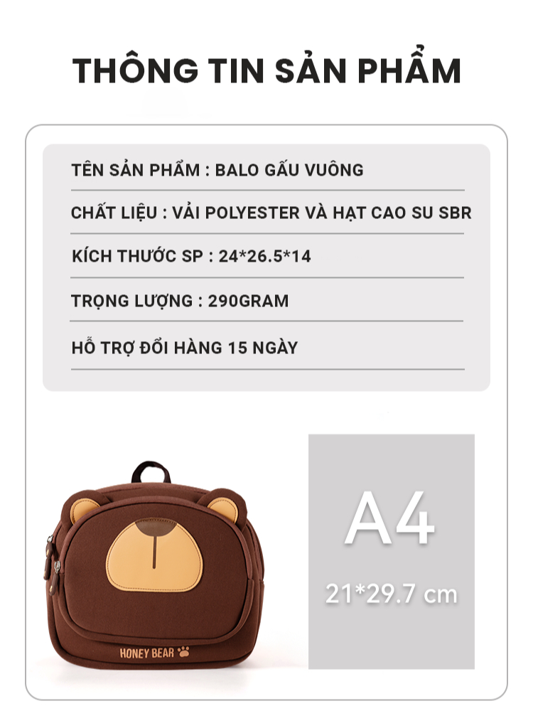 Ảnh Balo trẻ em từ 2 đến 5 tuổi hình gấu 1989KIDS cặp cho bé mẫu giáo chất liệu mềm mại,siêu nhẹ 290gram,balo cute 1