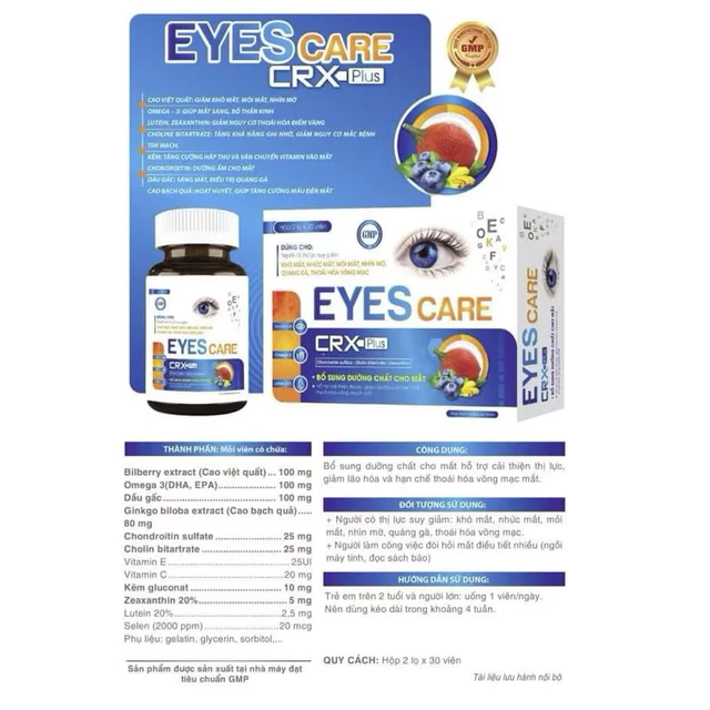 VIÊN UỐNG BỔ MẮT SÁNG MẮT EYES CARE PLUS - GIẢM CẬN THỊ - KHỎI LO CÁC BỆNH VỀ MẮT - NGÀY DÙNG 1 VIÊN - HỘP 2 LỌ*30 VIÊN
