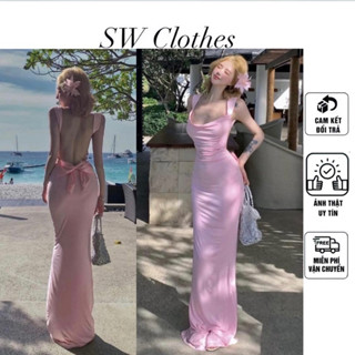Đầm body hở cột lưng đính nơ to bèo cổ đổ xuông dài cá đi tiệc đi biển sang chảnh
