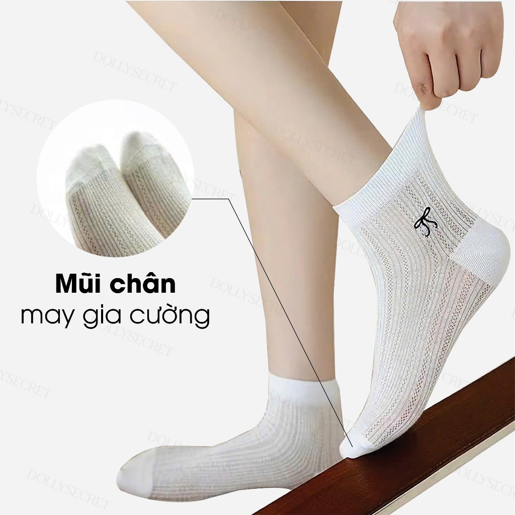 Set 5 Đôi Tất Nữ Cổ Ngắn Thêu Nơ DOLLY SECRET Tất Mỏng Mùa Hè Thoáng Khí Lưới Cotton T02