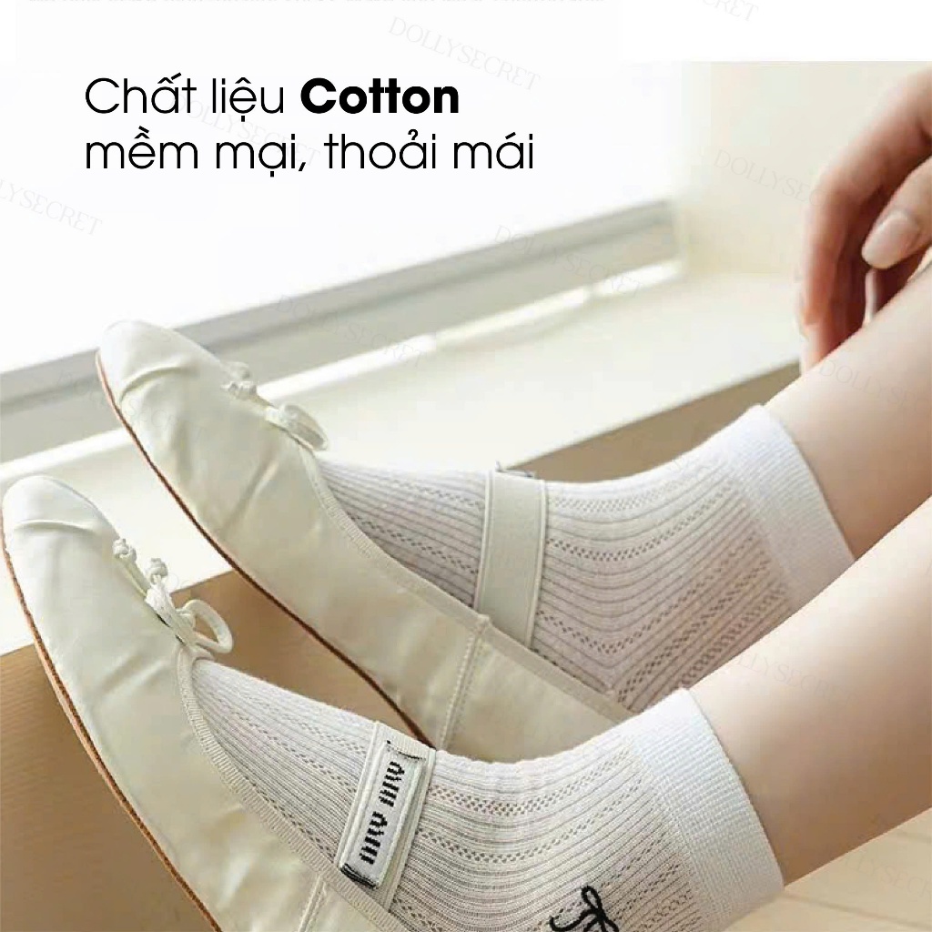 Set 5 Đôi Tất Nữ Cổ Ngắn Thêu Nơ DOLLY SECRET Tất Mỏng Mùa Hè Thoáng Khí Lưới Cotton T02
